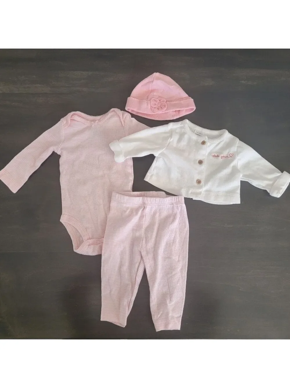 Carter's Infant Girl 4 Piece Bundle Pink White Jacket Onesie Pants Cap Size 3mo